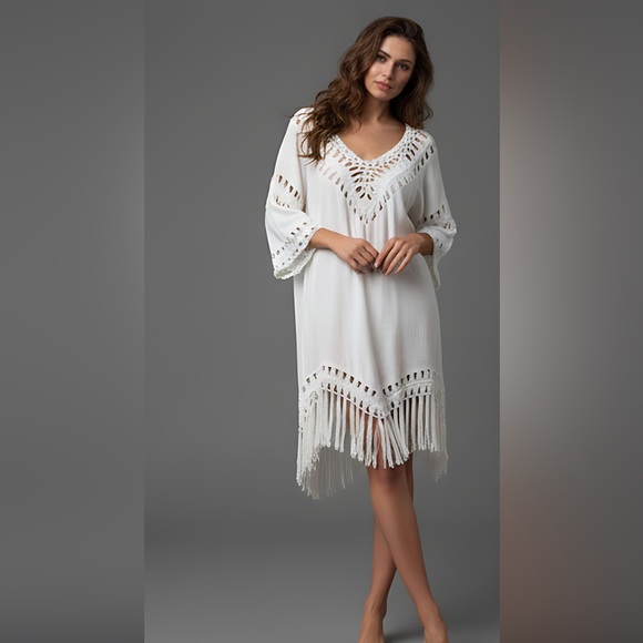 Boho Crochet Fringe Hem Cover Up Dress White - Picture 1 of 8